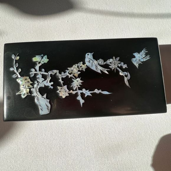 Vintage Black Lacquer Jewelry Box with Mother of Pearl Inlay Birds + Flowers